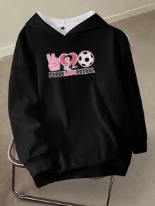 Betty Boop x SHEIN Plus Size Football Cartoon Print Hooded Pullover Sweatshirt Fall - White - View 1