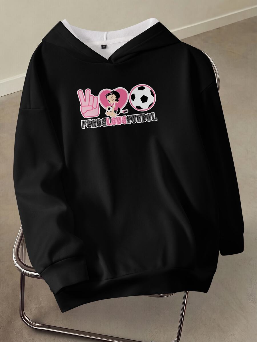 Betty Boop x SHEIN Plus Size Football Cartoon Print Hooded Pullover Sweatshirt Fall - White - View 1