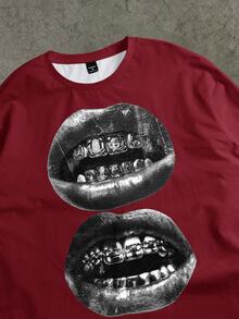 Manfinity ZONE917 Men's Hip Hop Lips Graphic Print Crew Neck Long Sleeve T-Shirt - Burgundy - View 2