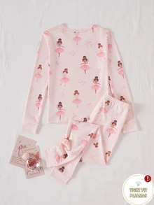 青少年女孩長袖上衣與長褲套裝，貼身居家服，飾有水鑽 - 淺粉色 - 查看 2