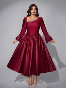 Viva Relle Plus Size Women's Elegant Satin High-Cinched Waist Chain Decor Solid Color Dress - Burgundy - View 5