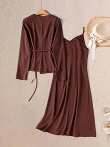 Rusticease Women's Minimalist Vacation Spaghetti Strap Dress & Long Sleeve Top 2 Pieces Set - Brown - View 2