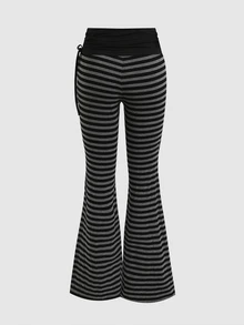 SHEIN Teen Girl Teen Girls Fall/Winter Street-Style Side Drawstring Striped Flared Pants Bell Bottom Pants - Dark Grey - View 3