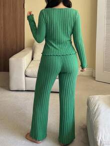 Dazy Plus Casual Slouchy Bright Green Fitted Top & Pants 2-Piece Set, Spring/Autumn New Pajama Set - Green - View 2