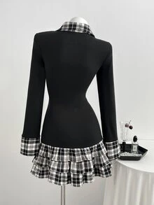 Elamini Minimalist Sexy Academy Style 2 In 1 Plaid Patchwork Fitted Long Sleeve Ruffle Dress - Black - View 2