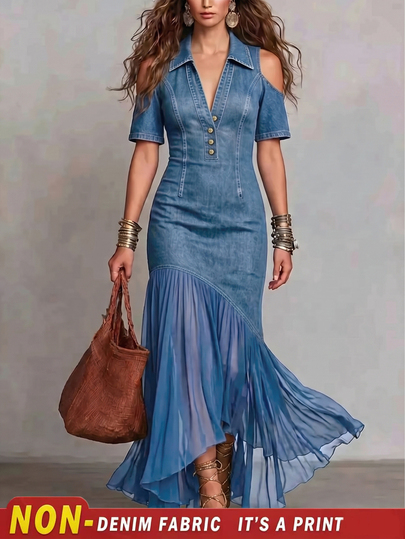 Breezaya Women's Elegant Vintage Bohemian Faux Denim Printed Off-Shoulder Dress, Mermaid Hem With Chiffon Skirt, Casual Slim Off-Shoulder Short-Sleeve Long Dre