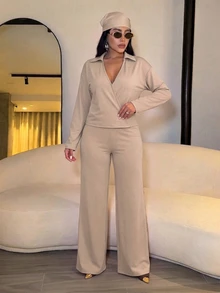 Brilight Ollared Wrap V Neck 2 Pieces Loungewear Set For Daily Brunch Vacation Casual Wear - Khaki - View 6