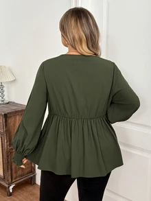 SHEIN CURVE+ Plus Size Women's Contrast Color Lace Deep V-Neck Tie Front Ruffle Sleeve Sexy Blouse, Autumn Long Sleeve Top Fall - Green - View 2