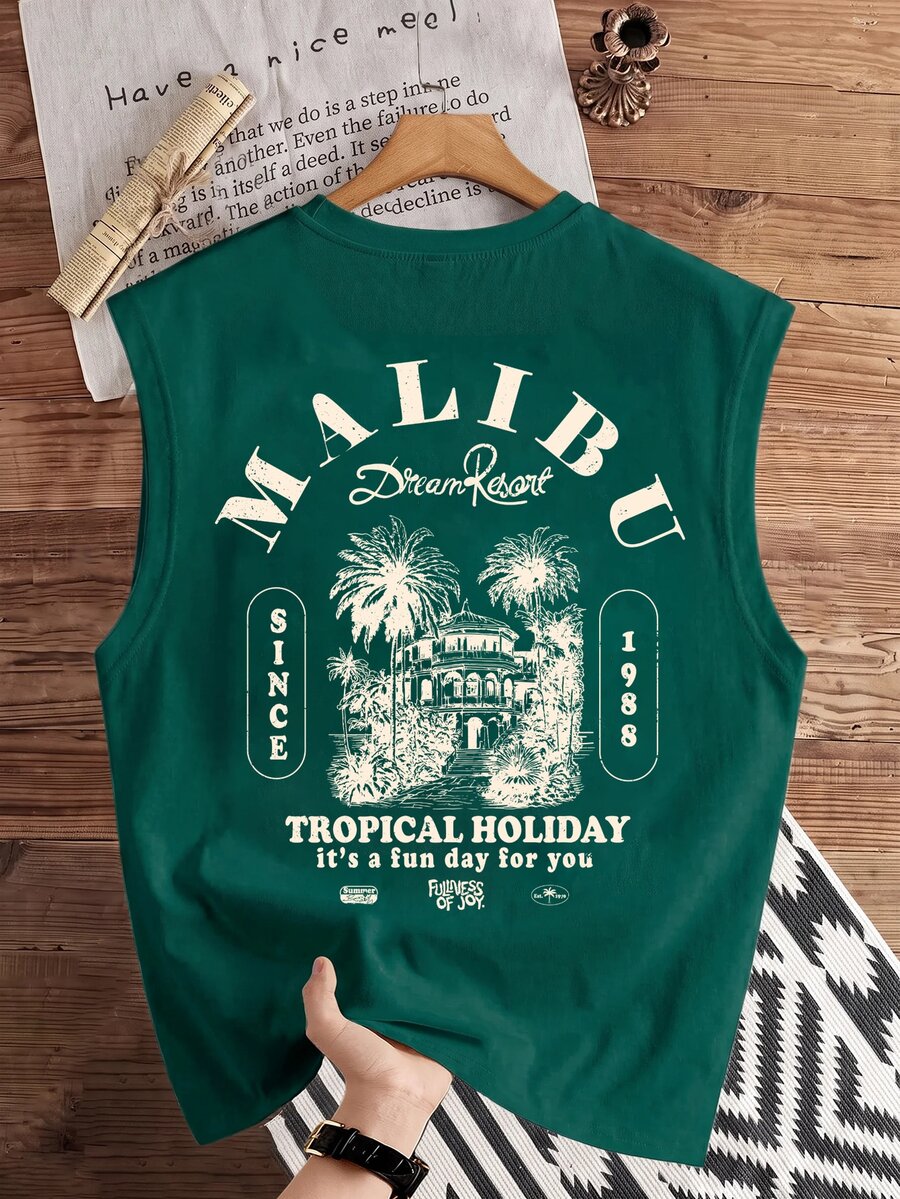 Daypath Dark Green Men's Letter Palm Tree Print Tank Top - Dark Green - View 1