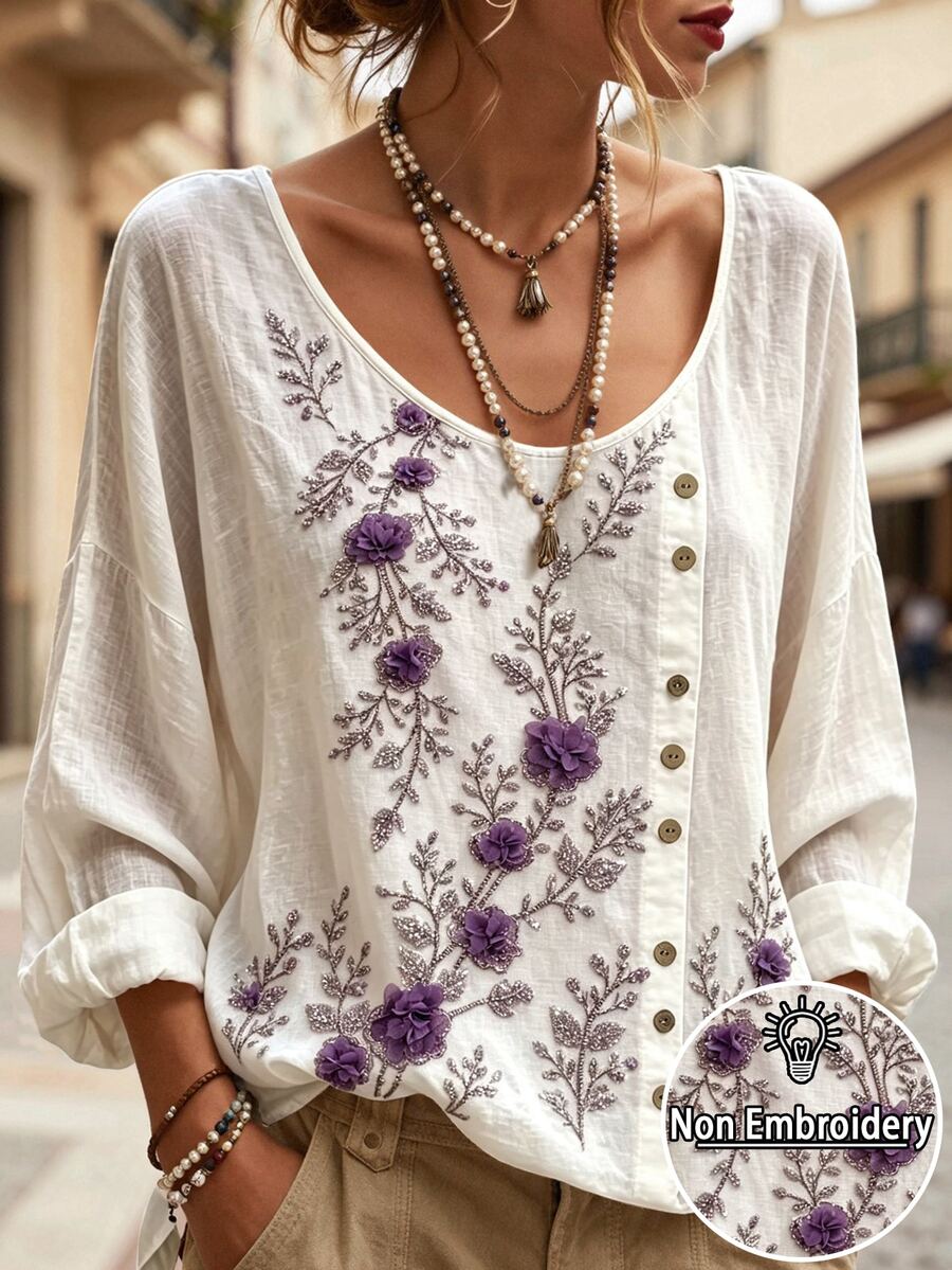 Selamara Women's Fashion Floral Print Long Sleeve Top For Vacation - Multicolor - View 1