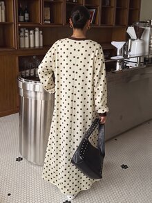 Al Najma Round Neck Woven Trim Brown Polka Dot Dress - Multicolor - View 6