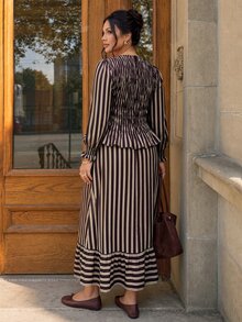 Lounesse Plus Size Striped Ruched Waist Blouse And Long Skirt 2 Pieces Set Brunch Evening Formal Chocolate Brown Autumn Elegant Casual Elegant - Multicolor - View 6