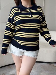Vibekara Sweater Polo Lengan Panjang Kerah Lipat Motif Garis-Garis Retro American Lazy Musim Gugur/Dingin - MultiWarna - View 4