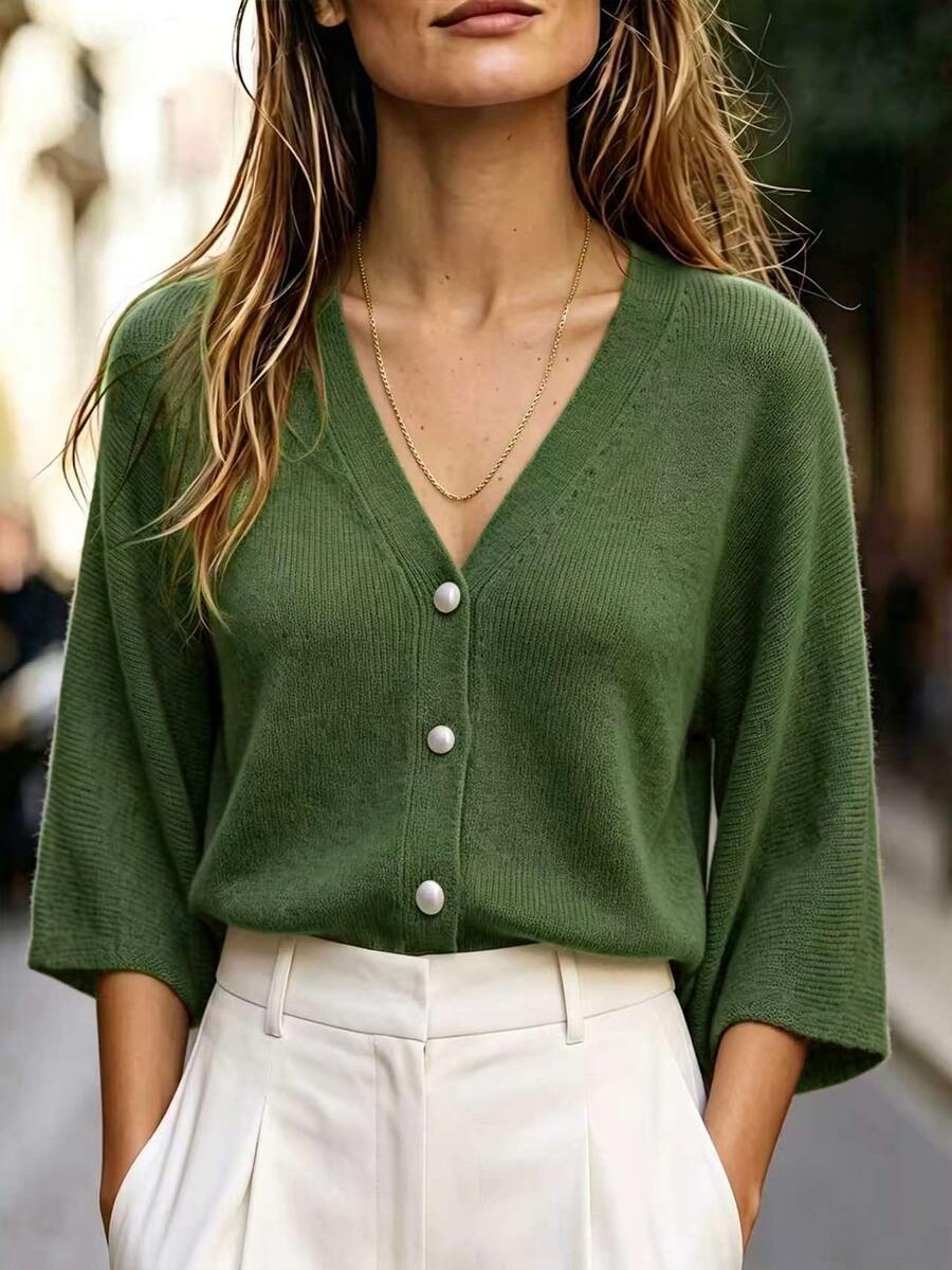 RosyDaze Sweater Rajut Wanita Model Vintage Prancis Longgar Leher V Lengan 3/4 Kancing Depan Warna Aprikot untuk Musim Semi/Gugur - Hijau Tentara - View 1