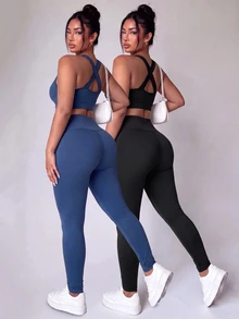 SHEIN Velisys Plus Size Solid Color Cropped Tank Top & Leggings Sports Set - Multicolor - View 9
