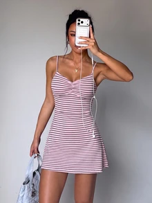 StreetHx Women's All-Season Sports Dress, Dusty Pink Striped Print Pattern, Spaghetti Strap, Front Ruched, Shorts Lining Pockets, Sexy Cute, Holiday Summer - Multicolor - View 6