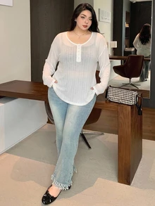 REIGN AVE Solid Color Large Scoop Neck Half-Placket Long Sleeve T-Shirt Spring/Summer - White - View 7
