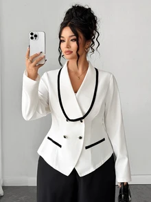 Elenzga Plus Size Women's Colorblock Casual Commute Blazer - Apricot - View 7