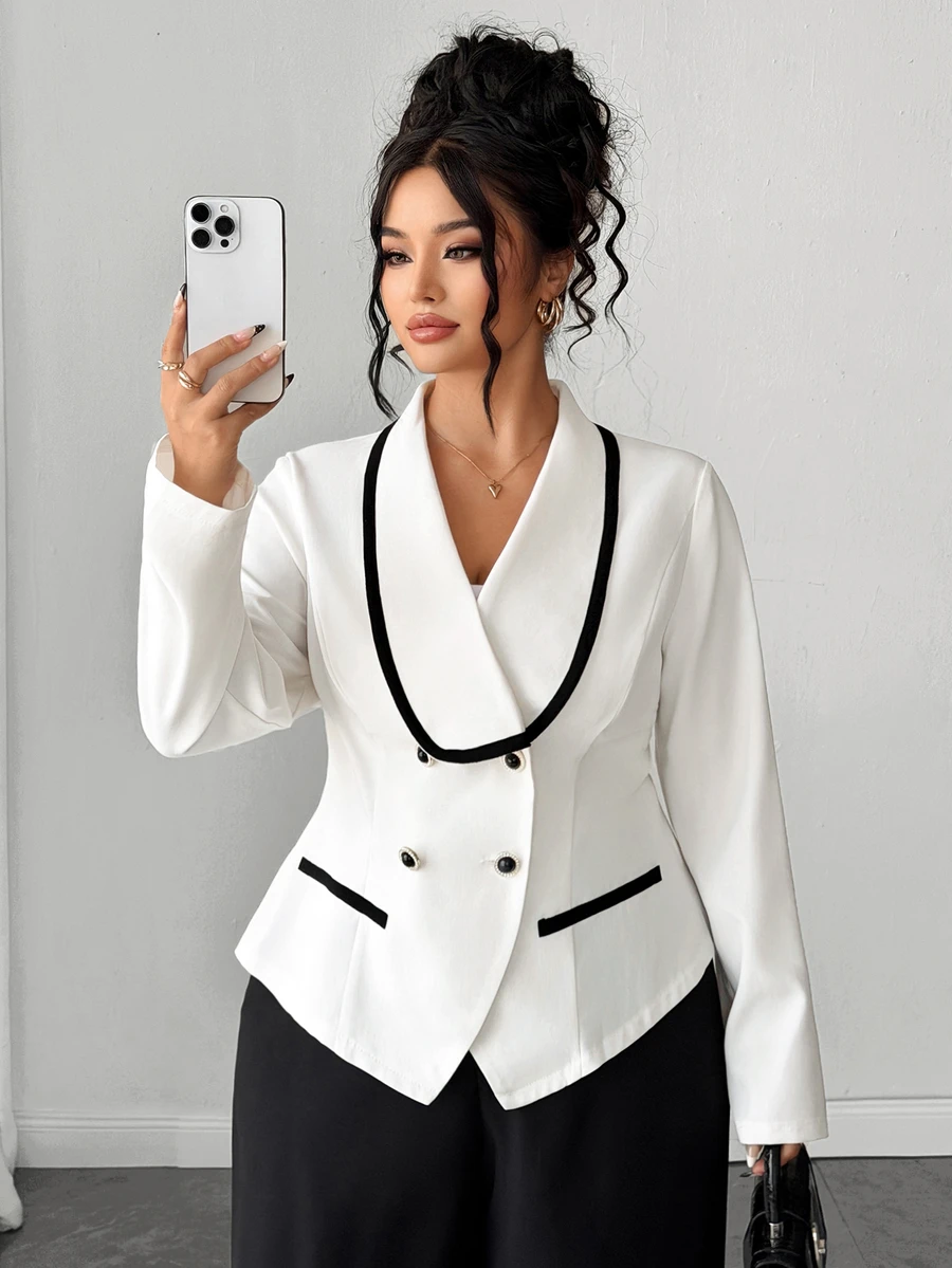 Elenzga Plus Size Women's Colorblock Casual Commute Blazer - Apricot - View 1