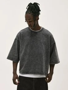 Baseblock Men's Cotton Black Streetwear Minimalist Logo Embossed Loose Fit Short Sleeve Mid-Sleeve T-Shirt - Black - View 4
