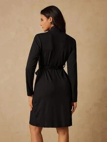 HautHeat Women's Solid Color Pleated Casual Daily Loungewear Robe - Black - View 2
