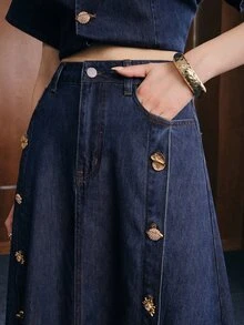 Anewsta Women's Fashion New Gorgeous Decorative Buckle Blue Jeans Skirt - Blue - View 2