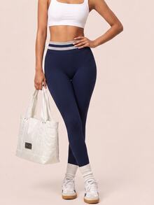 SHEIN BAE Women Navy Blue Stripe Seamless High Waist Leggings Tummy Control Gym Workout Training Running Yoga Athletic Pants - Navy Blue - View 4
