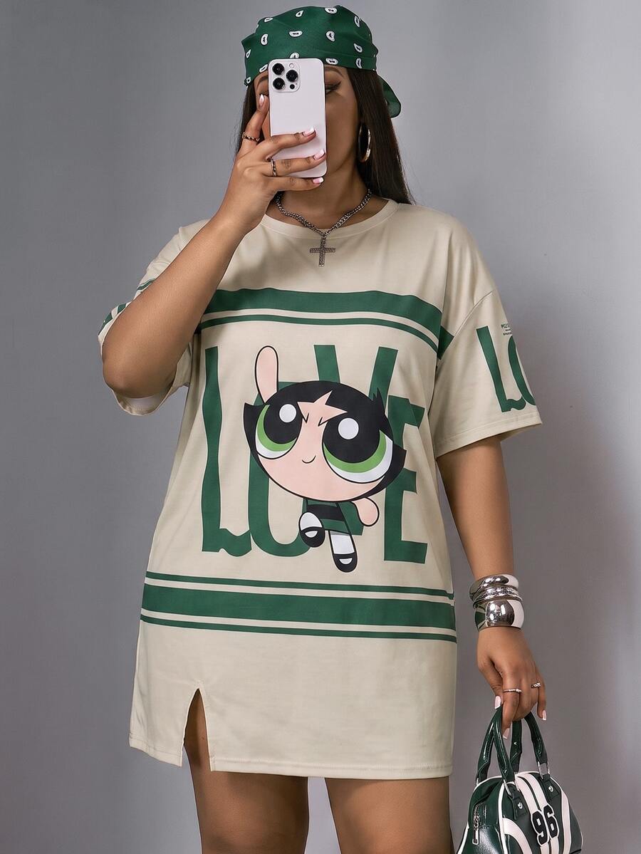 Slaydiva THE POWERPUFF GIRLS X SHEIN 大尺碼女款字母卡通印花短袖休閒洋裝,適合外出、街頭穿搭、機場穿著 - 彩色 - 查看 1