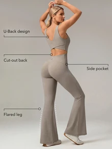 OutZeal Women Sports Jumpsuit Gym Workout Soft Stretch Bra-In Back Cut-Out Flared Leg One-Piece - Khaki - View 2