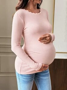 SHEIN 孕婦休閒純色長袖T恤，適合秋季 - 粉色 - 查看 2
