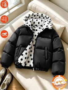 SHEIN Tween Girls Black Polka Dot Fleece Lining Hooded Winter Jacket School Club Cute Cool Girl - Baby Pink - View 7