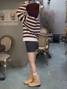 DAZY Women's Colorblock Striped Loose Hooded Long Sleeve Casual Streetwear Vacation Spring Autumn Knit Sweater - Red - View 5