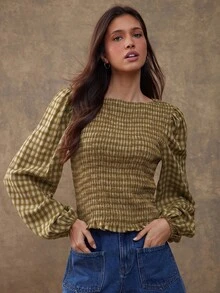 WESTFADE Smocked Boatneck Long Puff Sleeve Ruffle Hem Fitted Embroidered Plaid Blouse Top, Fall Winter 2026 Western Style Cowgirl Clothing, Female Country Look - Green - View 3