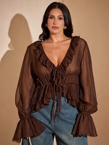 SHEIN BAE 大尺碼女款純色V領休閒百搭日常穿著襯衫 秋季 - 咖啡棕 - 查看 2