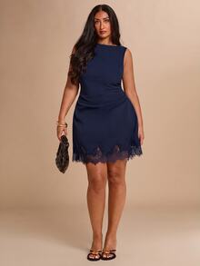 SHEIN BAE CURVE 大尺碼女款黑色蕾絲拼接無袖洋裝 - 藏蓝色 - 查看 3