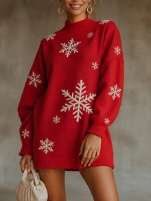 SHEIN Women's Autumn/Winter Casual Loose Straight High Neck Christmas Snowflake Pattern Long Sleeve Knit Dress - Red - View 3