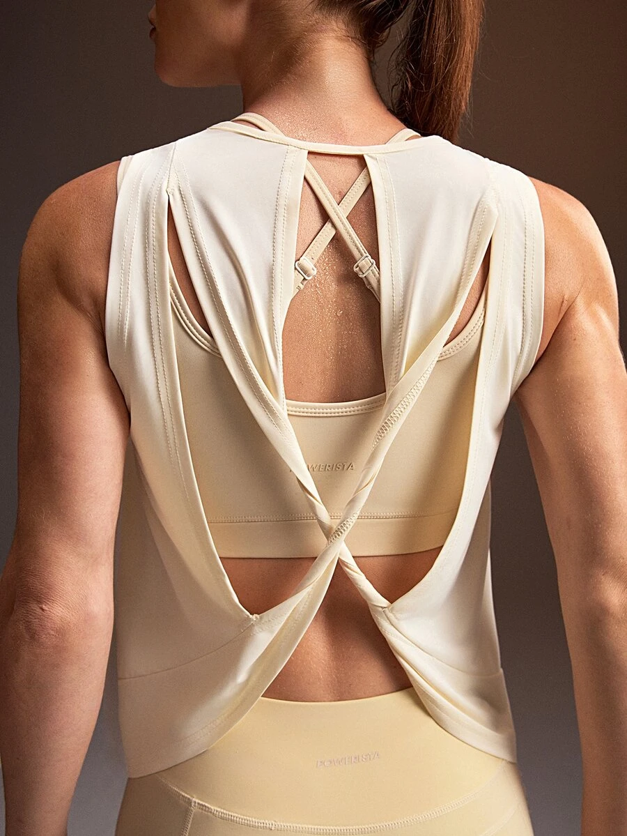 Powerista Women's Beige Backless Twisted Knot Sports Tank Top - Beige - View 1