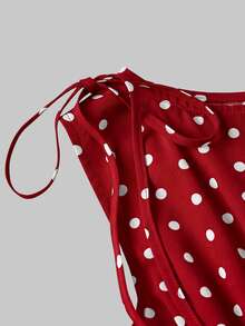 SHEIN MOD 女款度假紅白色波點荷葉邊襯衫與長褲兩件套，野餐夏季可愛80年代風 - 紅色 - 查看 9