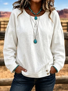 Selamara American Western Style Cream Pleated Long Sleeve Top, Lazy Vacation Casual Blouse - White - View 1