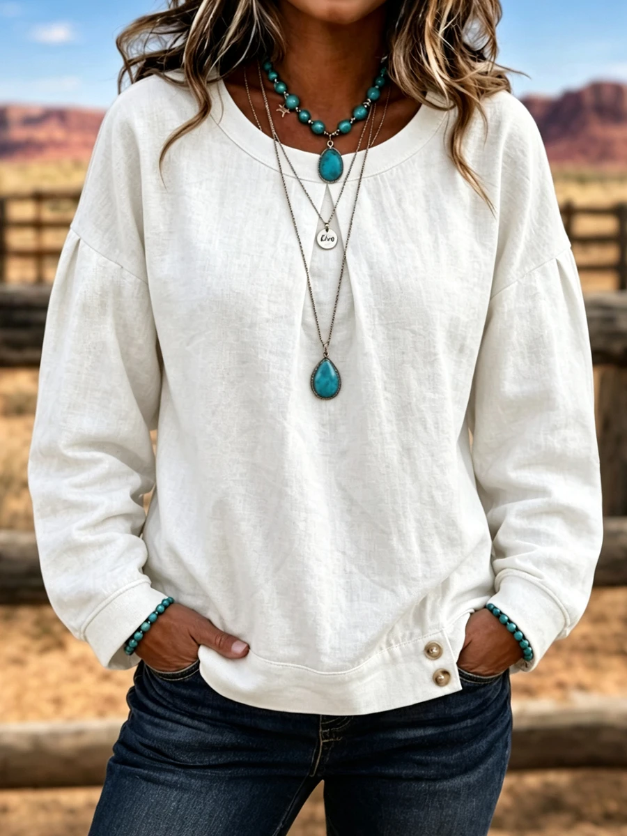 Selamara American Western Style Cream Pleated Long Sleeve Top, Lazy Vacation Casual Blouse - White - View 1