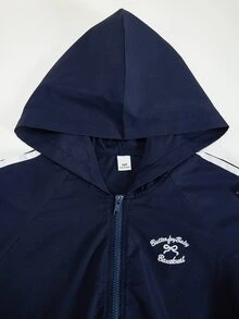 Sparklyn 3件套青少年女孩秋季套裝，秋冬新款休閒梭織海軍藍返校風，藍色條紋裝飾連帽拉鍊外套 - 藍色 - 查看 3