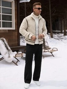 Manfinity CasualCool 男士翻領拉鍊仿羊羔毛短絨毛飛行員夾克 - 卡其色 - 查看 7