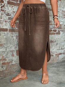 SHEIN LUNE 大尺碼街頭風辣妹不對稱下擺綁帶牛仔裙 - 棕色 - 查看 3