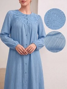 Al Najma Spring/Autumn Round Neck Front Button Embroidered Patchwork Textured Blue Dress  Blue Dress Saudi National Day Fall/Winter Vacation  Traditional - Blue - View 6