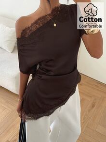 Aloruh 女款通勤不對稱單肩抓皺蕾絲拼接上衣，適合外出穿著 - 咖啡棕 - 查看 3