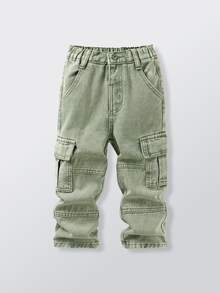 SHEIN Genkimix Kids 男童軍綠色牛仔工裝褲，冬季休閒穿搭，鬆緊腰頭設計附可調抽繩，大口袋，寬鬆直筒版型，適合上學 - 綠色 - 查看 3