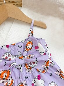 SHEIN 新生女嬰休閒可愛蝴蝶結吊帶連身褲萬聖節 - 淡紫色 - 查看 4