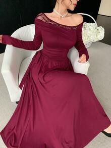 DAZY Women's Solid Color Contrast Lace Asymmetrical Shoulder Long Sleeve Side Waist Knot Elegant Mid-Length Dress Fall - Burgundy - View 2