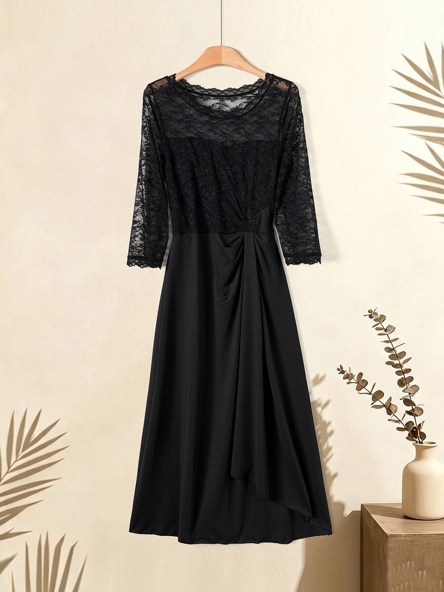 Rusticease Sweet Lace Pleated Dress For Middle-Aged And Elderly Women - Black - View 1