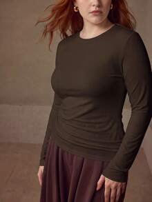 MOTF PREMIUM HIGH ELASTICITY SKIN-FRIENDLY SOLID COLOR ROUND NECK SLIM FIT FLATTERING FASHION LONG SLEEVE VERSATILE PLUS SIZE WOMEN'S BASE LAYER TOP - Coffee Brown - View 4